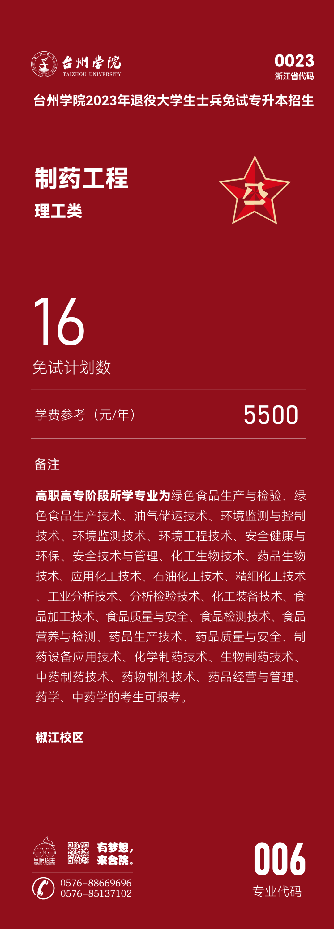 台州学院退役大学生士兵免试专升本招生专业