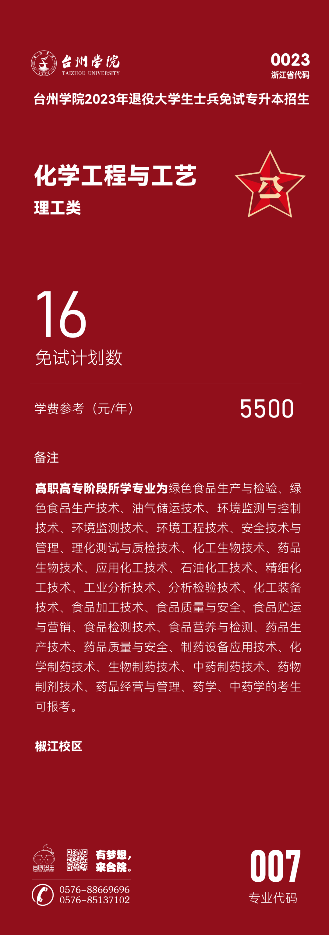 台州学院退役大学生士兵免试专升本招生专业