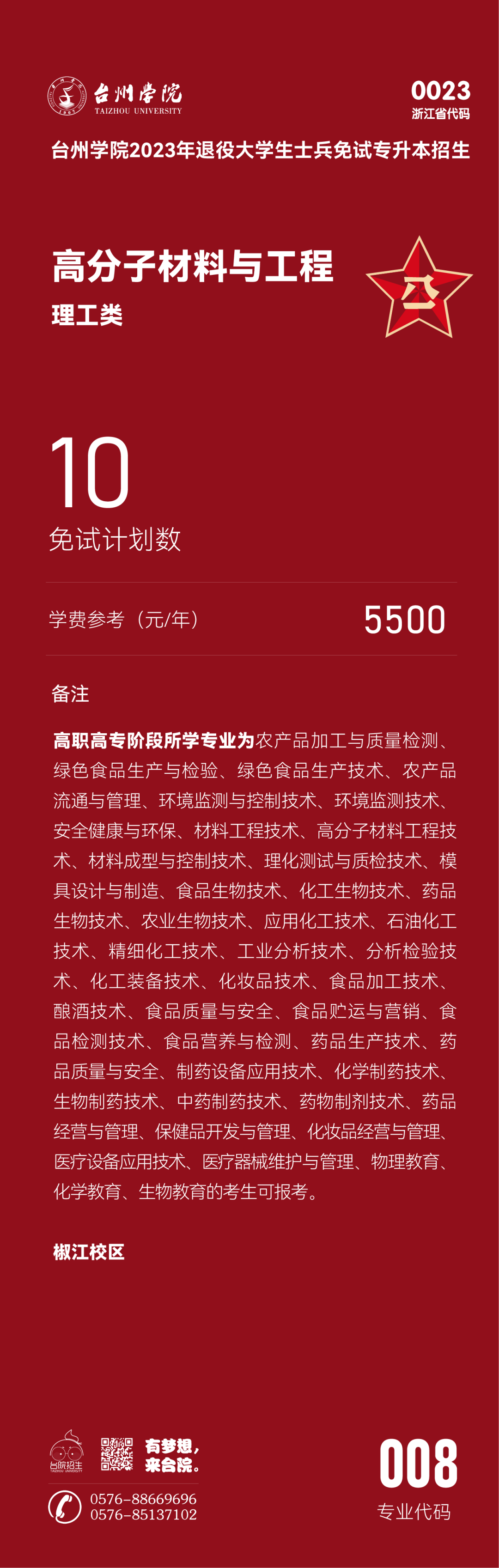 台州学院退役大学生士兵免试专升本招生专业