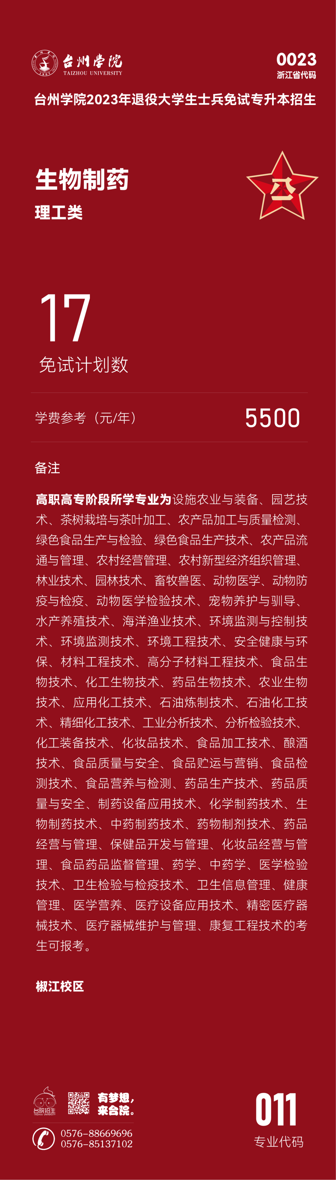 台州学院退役大学生士兵免试专升本招生专业