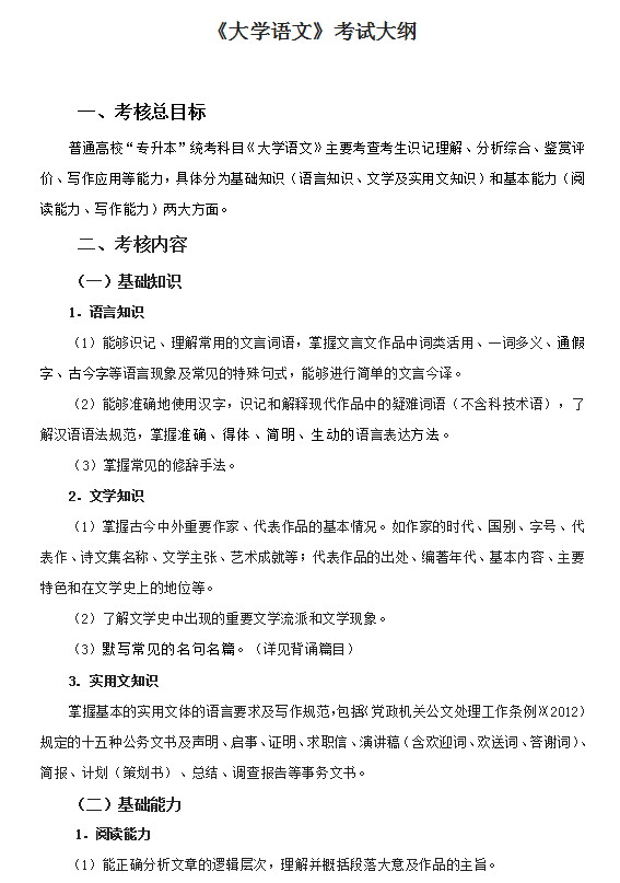 浙江专升本大学语文考试大纲及备考常识
